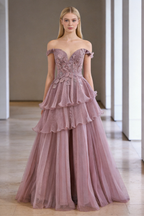 Luxuriöses rosa traumhaftes Kleid mit Rüschen und Perlenbesatz, A-Linien-Abendkleid LA73385