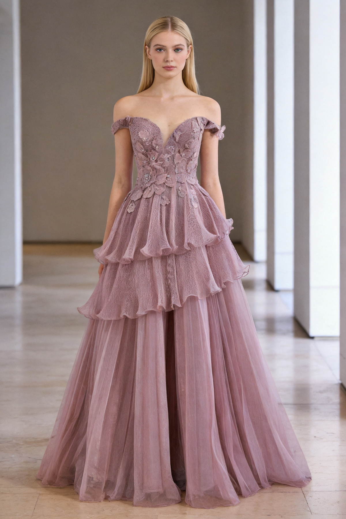 Luxury Pink Dreamy Ruffles Beaded A-Line Evening Dress LA73385