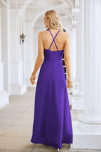 Vestido de Festa Comprido até ao Chão para Damas de Honra, em Chiffon, com Alças Finas, Decote em V e Fenda Frontal, para Baile, Festa e Casamento 28116