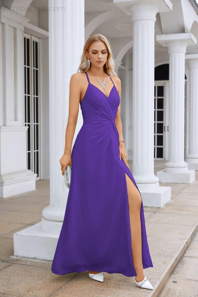 Vestido de Festa Comprido até ao Chão para Damas de Honra, em Chiffon, com Alças Finas, Decote em V e Fenda Frontal, para Baile, Festa e Casamento 28116