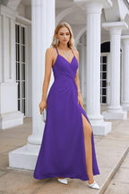 Vestido de Festa Comprido até ao Chão para Damas de Honra, em Chiffon, com Alças Finas, Decote em V e Fenda Frontal, para Baile, Festa e Casamento 28116