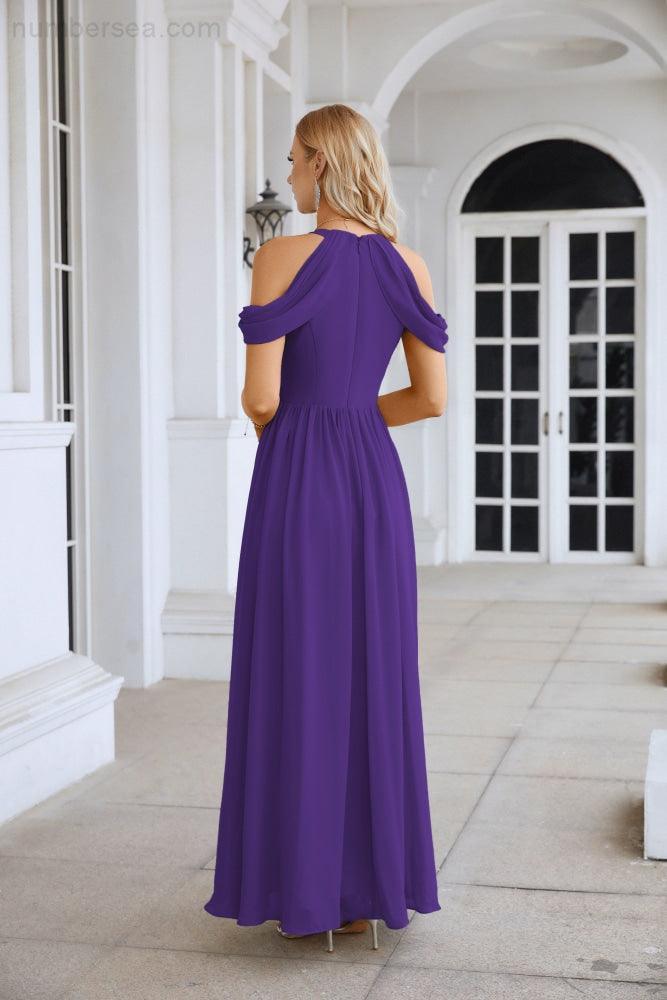 Abito da sera da damigella in chiffon con spalle scoperte, maniche a campana e spacco frontale, abito da festa nuziale 28117