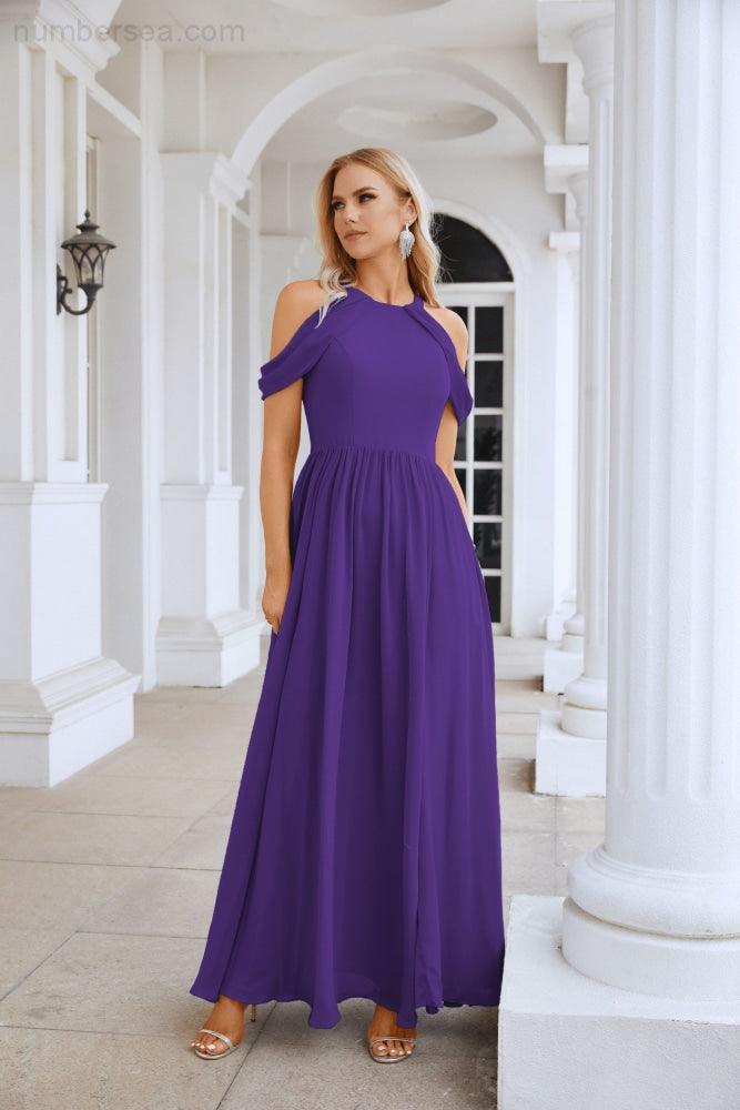 Abito da sera da damigella in chiffon con spalle scoperte, maniche a campana e spacco frontale, abito da festa nuziale 28117