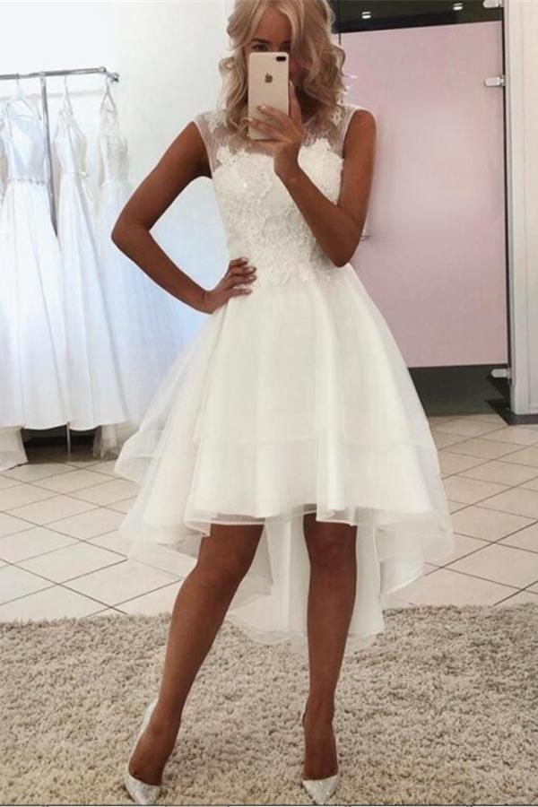 Classy Sleeves Hi-Lo A-Line Wedding Dress With Lace and Bateau Neckline