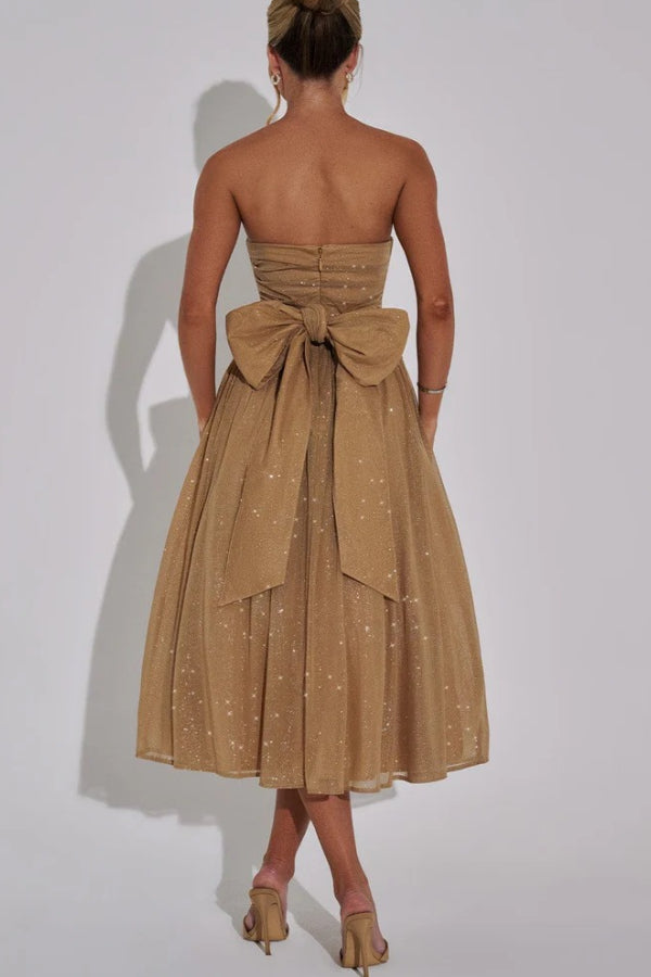Abito Midi Sexy con Spalle Scoperte, Schiena Nuda e Fiocco