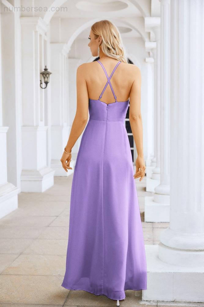 Vestido de Festa Comprido até ao Chão para Damas de Honra, em Chiffon, com Alças Finas, Decote em V e Fenda Frontal, para Baile, Festa e Casamento 28116