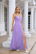 Vestido de Festa Comprido até ao Chão para Damas de Honra, em Chiffon, com Alças Finas, Decote em V e Fenda Frontal, para Baile, Festa e Casamento 28116