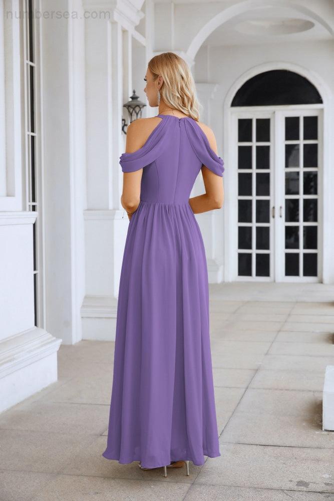 Abito da sera da damigella in chiffon con spalle scoperte, maniche a campana e spacco frontale, abito da festa nuziale 28117