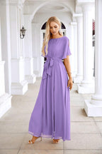Robe de soirée longue jusqu'au sol pour demoiselle d'honneur, manches en mousseline, encolure ronde, fente avant, pour mariage et fête 28124