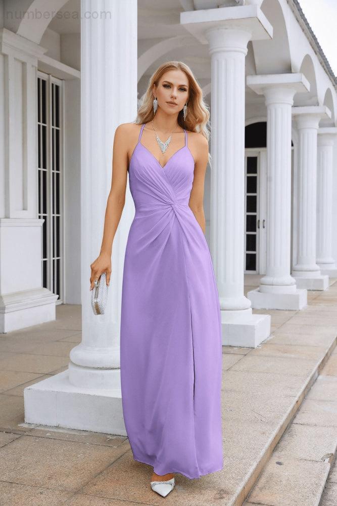 Vestido de Festa Comprido até ao Chão para Damas de Honra, em Chiffon, com Alças Finas, Decote em V e Fenda Frontal, para Baile, Festa e Casamento 28116