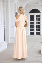 Abito da sera da damigella in chiffon con spalle scoperte, maniche a campana e spacco frontale, abito da festa nuziale 28117