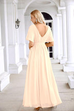 Robe de soirée longue jusqu'au sol pour demoiselle d'honneur, manches en mousseline, encolure ronde, fente avant, pour mariage et fête 28124
