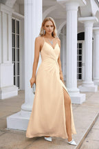 Vestido de Festa Comprido até ao Chão para Damas de Honra, em Chiffon, com Alças Finas, Decote em V e Fenda Frontal, para Baile, Festa e Casamento 28116