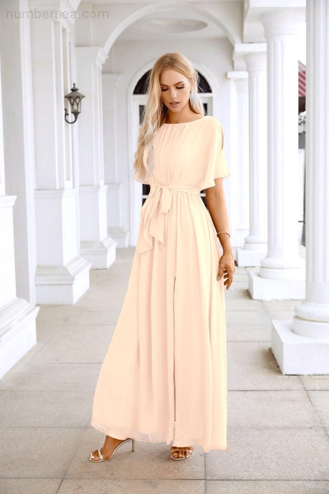 Robe de soirée longue jusqu'au sol pour demoiselle d'honneur, manches en mousseline, encolure ronde, fente avant, pour mariage et fête 28124