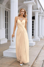 Vestido de Festa Comprido até ao Chão para Damas de Honra, em Chiffon, com Alças Finas, Decote em V e Fenda Frontal, para Baile, Festa e Casamento 28116