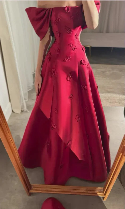 Vestido de noche burdeos elegante con flores tridimensionales y escote barco, línea A, vestido de gala Y7637
