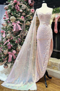 Vestido de fiesta con escote corazón, encaje y lentejuelas rosas, corte alto-bajo con cola incorporada