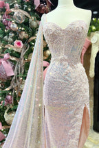 Vestido de fiesta con escote corazón, encaje y lentejuelas rosas, corte alto-bajo con cola incorporada