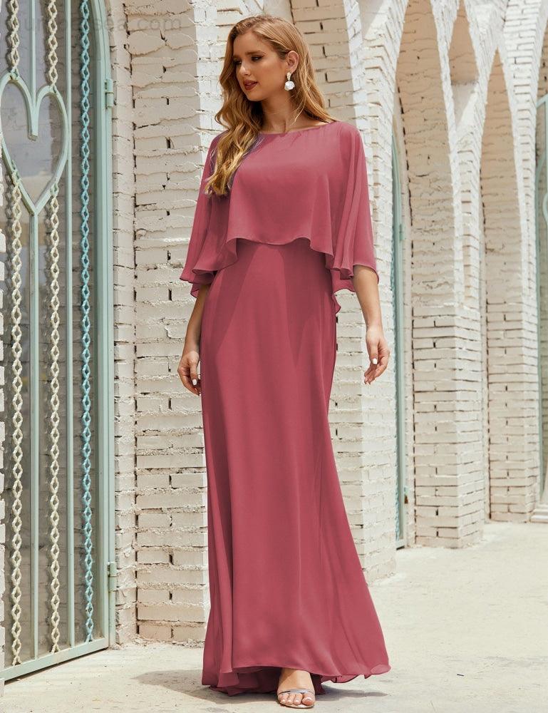 Bridesmaid Dress Women Long Sleeve V-Neck Chiffon Formal Wedding Party Dress 28018