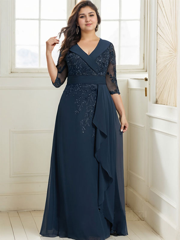 A-line Collared V-Neck Floor-Length Lace Chiffon Mother of the Bride Dress With Sequins Cascading Ruffles