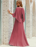 Bridesmaid Dress Women Long Sleeve V-Neck Chiffon Formal Wedding Party Dress 28018