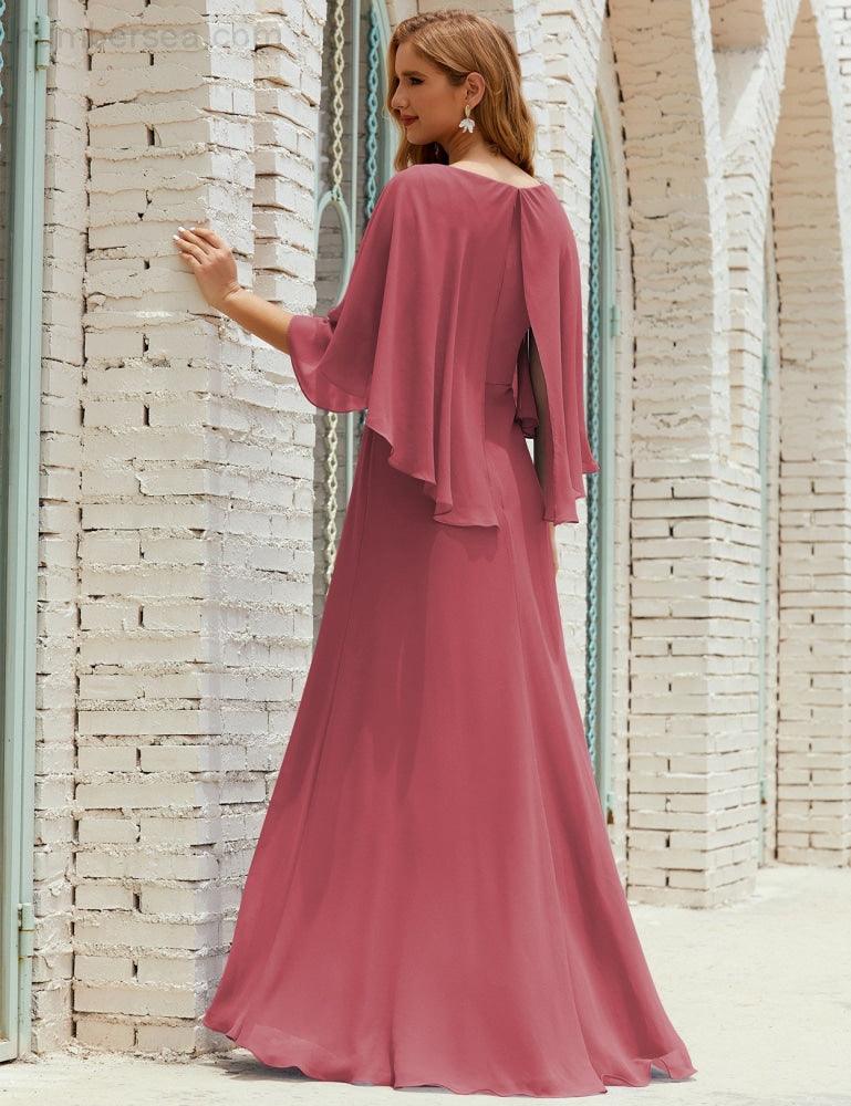 Bridesmaid Dress Women Long Sleeve V-Neck Chiffon Formal Wedding Party Dress 28018