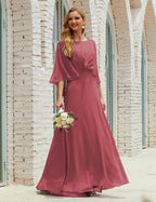 Bridesmaid Dress Women Long Sleeve V-Neck Chiffon Formal Wedding Party Dress 28018