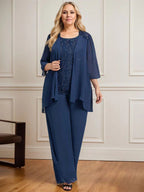 Macacão/Conjunto de Calças com Decote Redondo, Comprimento até ao Chão, em Renda e Chiffon, Vestido de Mãe da Noiva com Lantejoulas