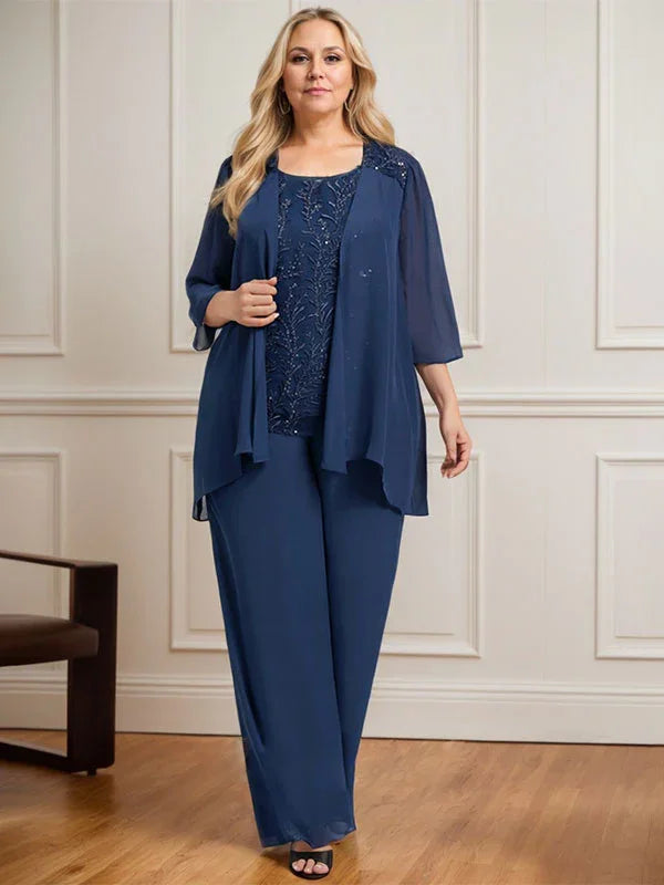 Macacão/Conjunto de Calças com Decote Redondo, Comprimento até ao Chão, em Renda e Chiffon, Vestido de Mãe da Noiva com Lantejoulas