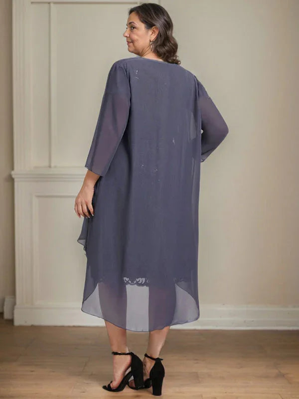 Etui/Säulenförmiges Kleid mit Illusion, knielang, aus Spitze und Chiffon, Brautmutterkleid mit herabfließenden Rüschen und Pailletten