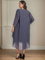 Etui/Säulenförmiges Kleid mit Illusion, knielang, aus Spitze und Chiffon, Brautmutterkleid mit herabfließenden Rüschen und Pailletten