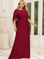 Vestido de Mãe da Noiva em Chiffon com Decote Barco, Corte Trompete/Sereia e Comprimento até ao Chão, com Pregas