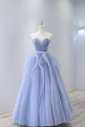 Abito lungo da sera senza spalline in tulle, adorabile scollo a cuore