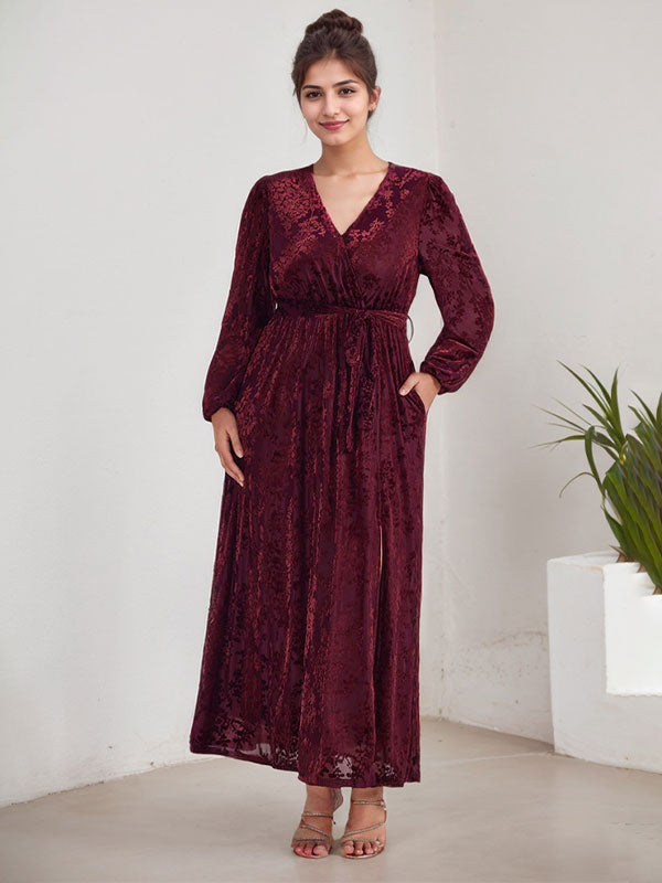 A-Line V-Neck Long Sleeves Velvet Tea-Length Mother of the Bride Dress With Split