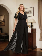 Tuta elegante da sera in chiffon, scollo a V, lunghezza fino al pavimento