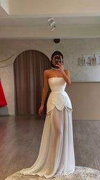 White Strapless Pleated Beaded Long Prom Dress With Custom Colors And Sizes