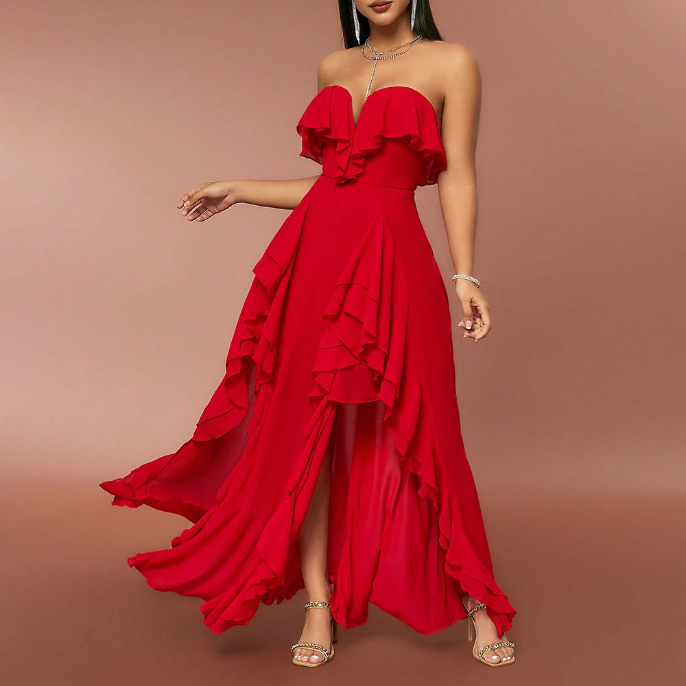 Vestuário Feminino Primavera Verão Vestido Elegante e Moderno Top Tubo Decote em V Detalhes Folhos Costas Nuas Vestido de Noite