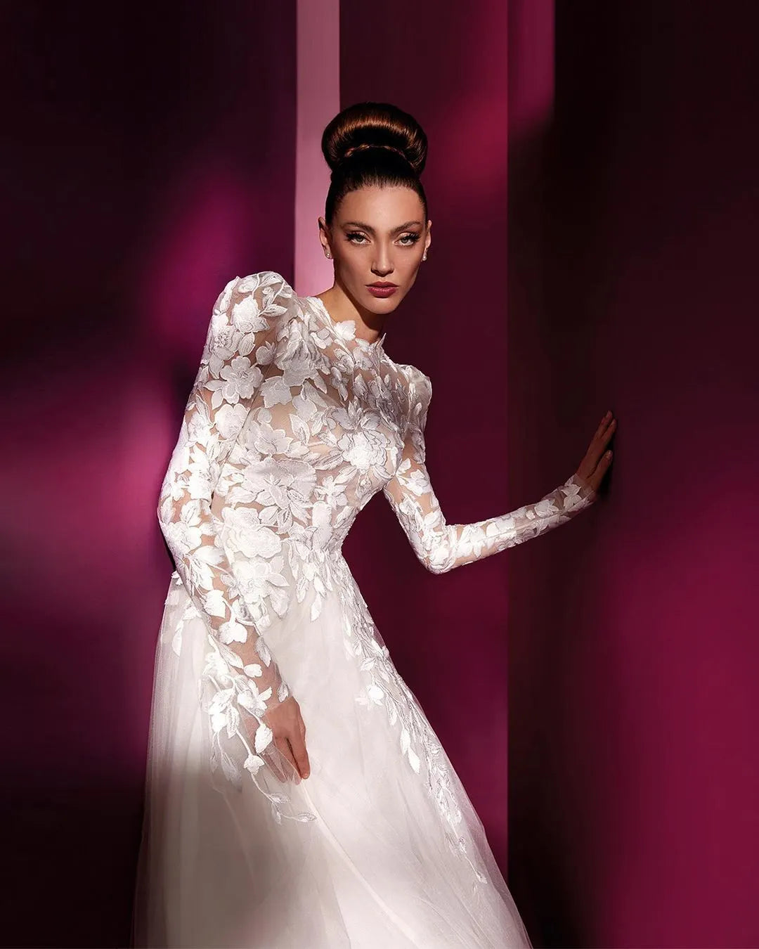 Elegant Floor Length A Line Wedding Dress With Appliques High Neck