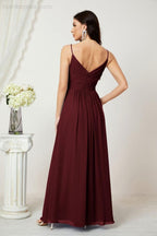 Chiffon V-Neck Bridesmaid Dress Spaghetti Strap Long Formal Party Prom Gowns with Slit 28010