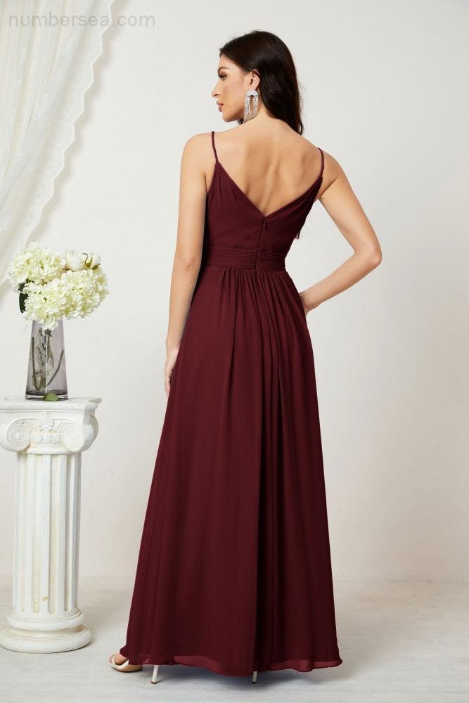 Chiffon V-Neck Bridesmaid Dress Spaghetti Strap Long Formal Party Prom Gowns with Slit 28010