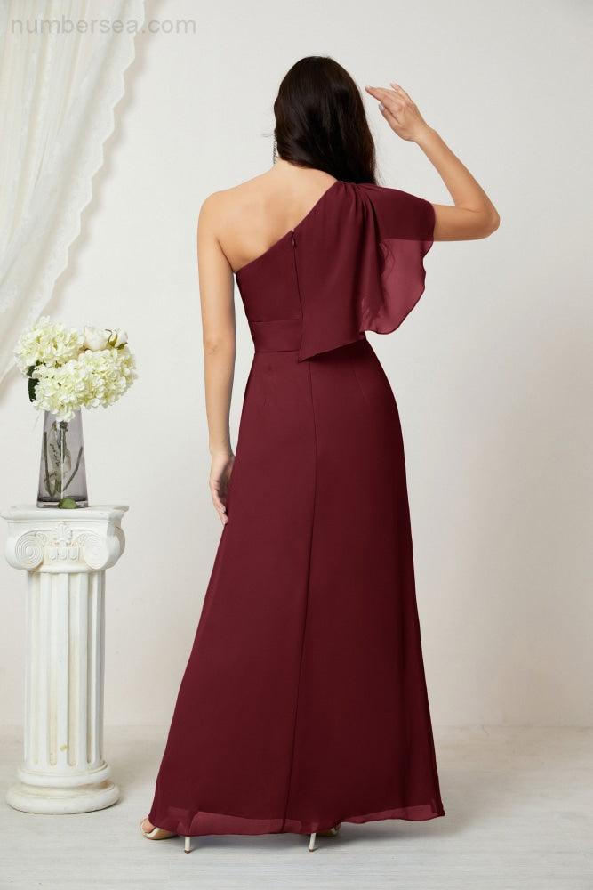 Chiffon Ruffled One Shoulder Long Bridesmaid Dresses A-line Formal Evening Gown Side Split 2809