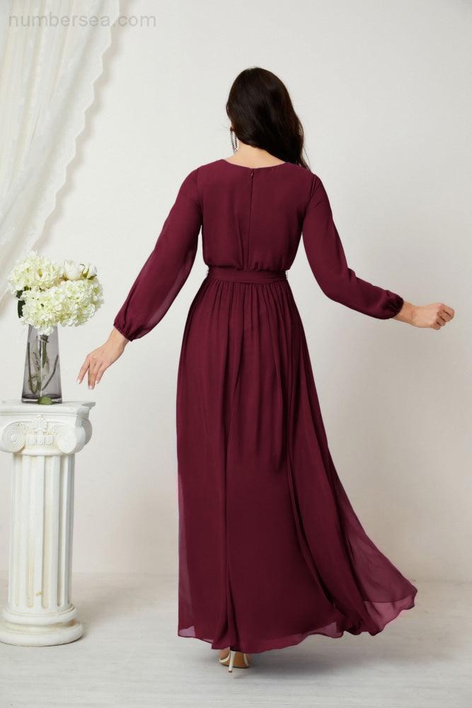 Evening Dresses Deep V-Neck Chiffon Bridesmaid Dresses Long Bishop Sleeve Side Split Formal Dress 2806