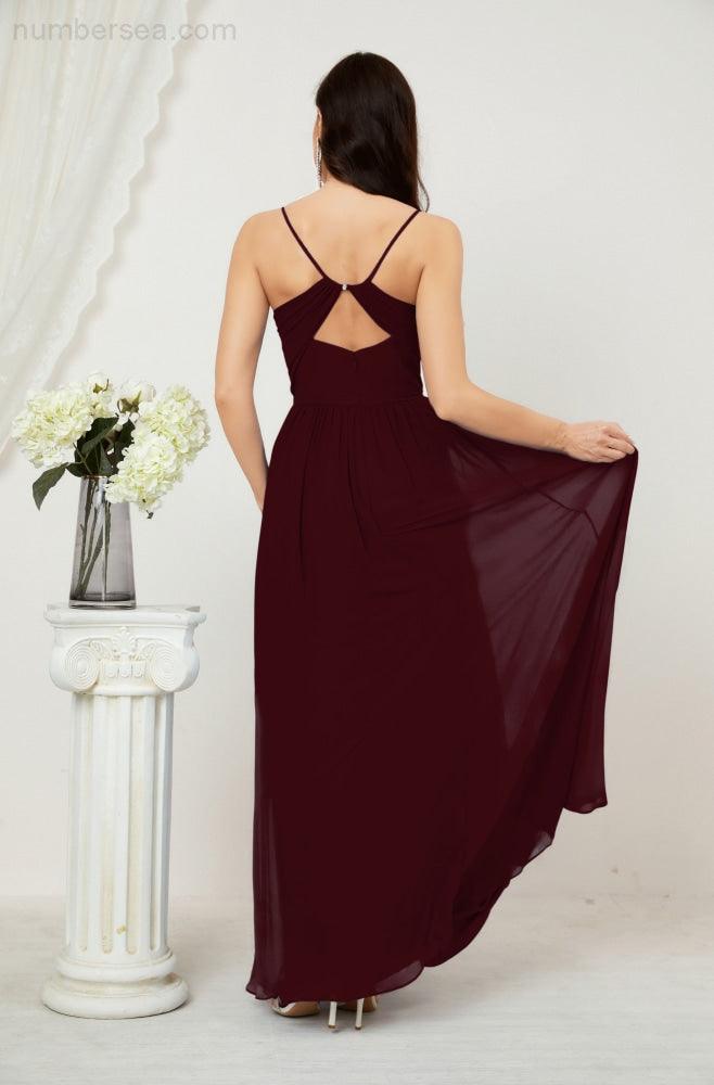 Neck Bridesmaid Dresses Chiffon Long Spaghetti A-line Formal Prom Gown for Wedding Party Evening 2801