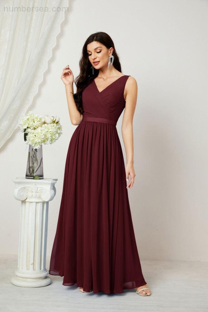 Abiti lunghi da damigella in chiffon da donna, linea a, senza maniche, abito formale da ballo per serata, abiti per festa di ritorno a casa 2808
