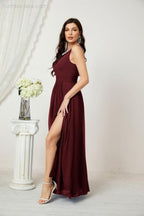 Chiffon V-Neck Bridesmaid Dress Spaghetti Strap Long Formal Party Prom Gowns with Slit 28010