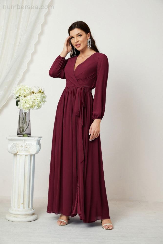 Evening Dresses Deep V-Neck Chiffon Bridesmaid Dresses Long Bishop Sleeve Side Split Formal Dress 2806