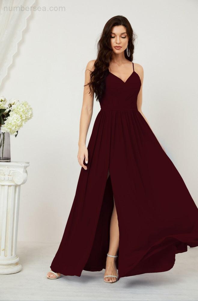 Neck Bridesmaid Dresses Chiffon Long Spaghetti A-line Formal Prom Gown for Wedding Party Evening 2801