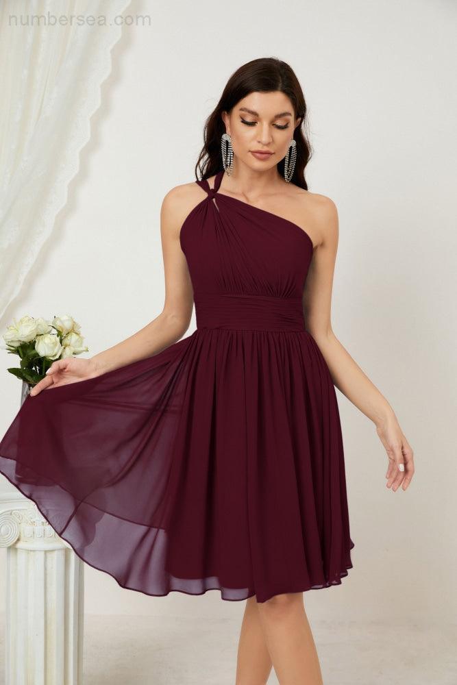 Women Chiffon Short One Shoulder Bridesmaid Dress Formal Dresses for Party Homecoming  2804
