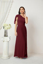 Chiffon Ruffled One Shoulder Long Bridesmaid Dresses A-line Formal Evening Gown Side Split 2809