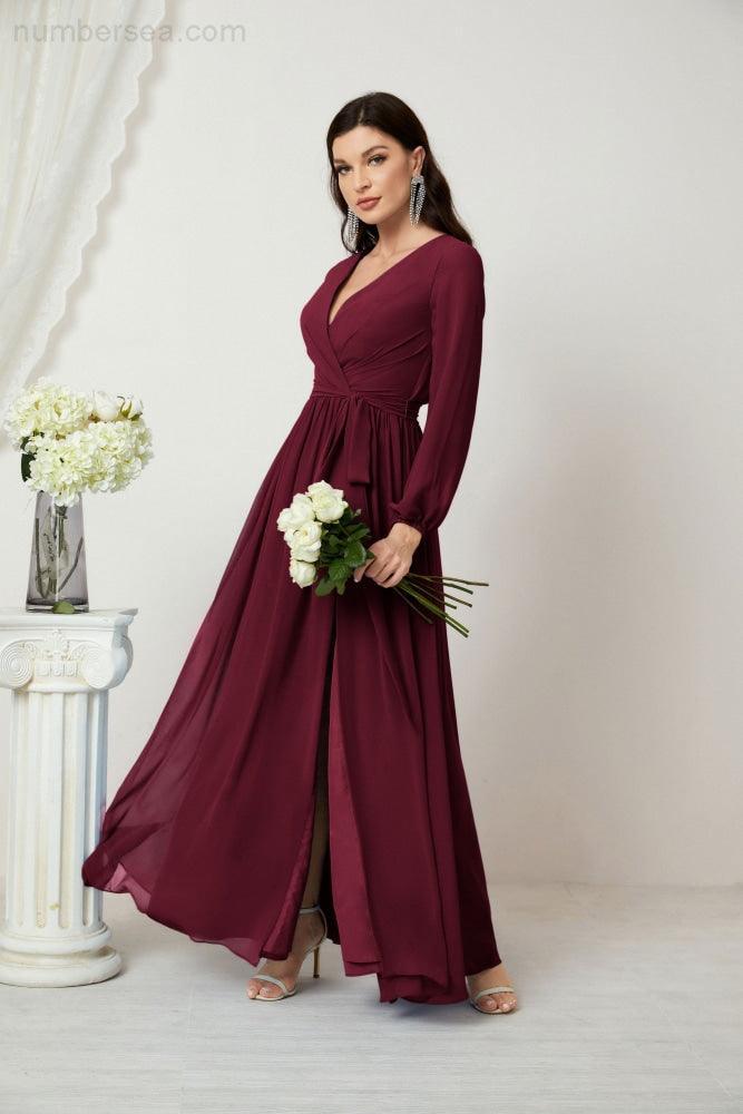 Evening Dresses Deep V-Neck Chiffon Bridesmaid Dresses Long Bishop Sleeve Side Split Formal Dress 2806
